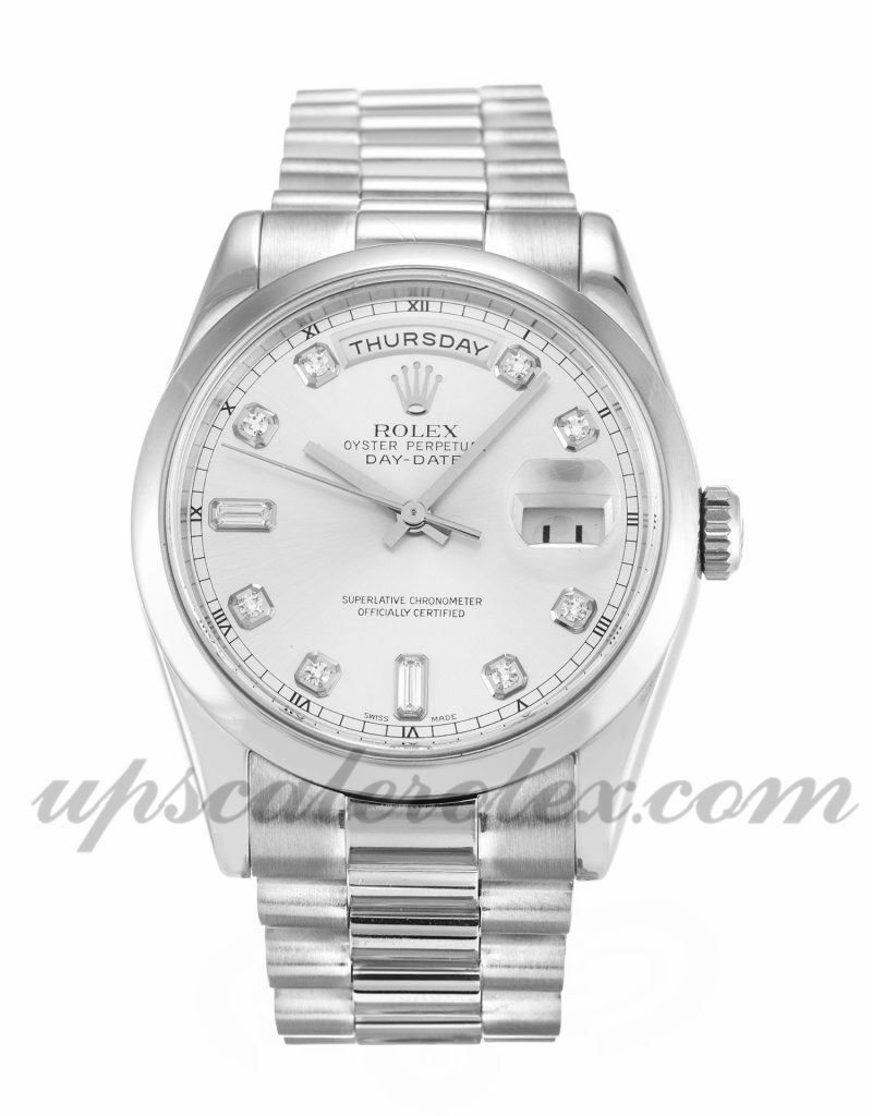 Mens Rolex Day-Date 118209 36 MM Case Automatic Movement Silver Diamond Dial